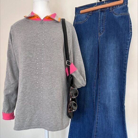 Sweater, Bylyse Spenard, sz XL, cotton blend, rhinestones, dove grey, crew neck - Picture 9 of 15